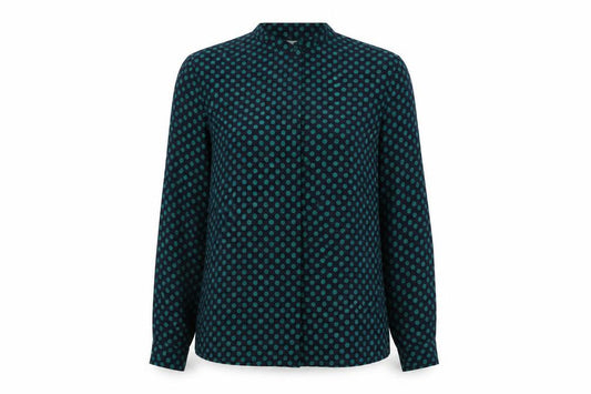 Front view of Koret women’s blue polka dot polyester basic button-up, size UK 14, round neck