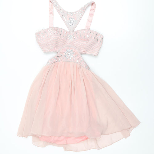 COTTON CLUB Womens Pink Geometric Polyester Skater Dress Size 10 Halter Hook & Eye