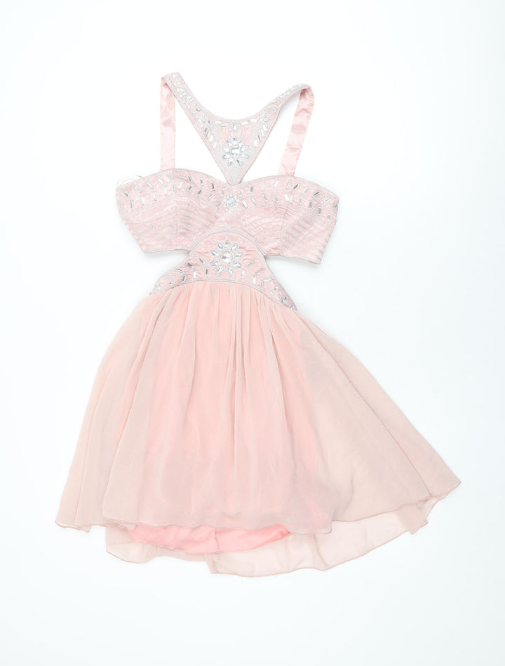 COTTON CLUB Womens Pink Geometric Polyester Skater Dress Size 10 Halter Hook & Eye