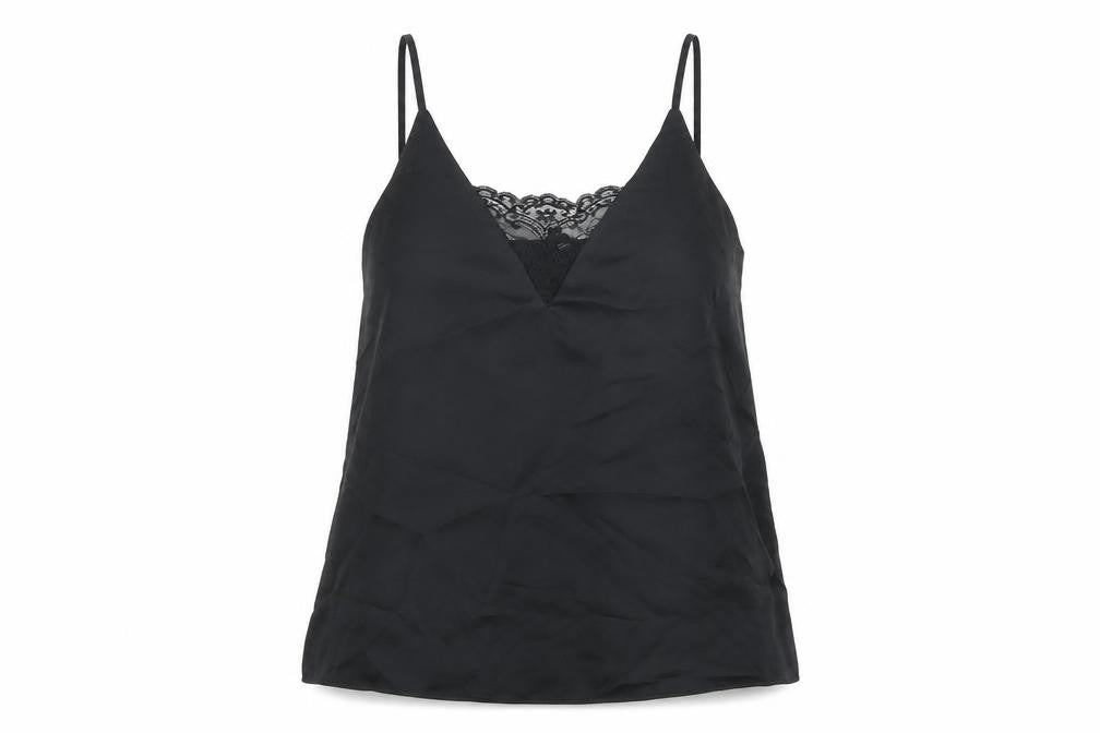 Front view of River Island women’s black polyester camisole t-shirt, size UK 8, v-neck