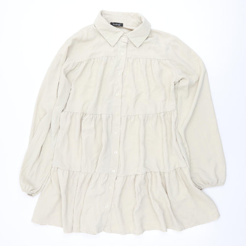 Boohoo Womens Beige Polyester Shift Size 14 Collared Button