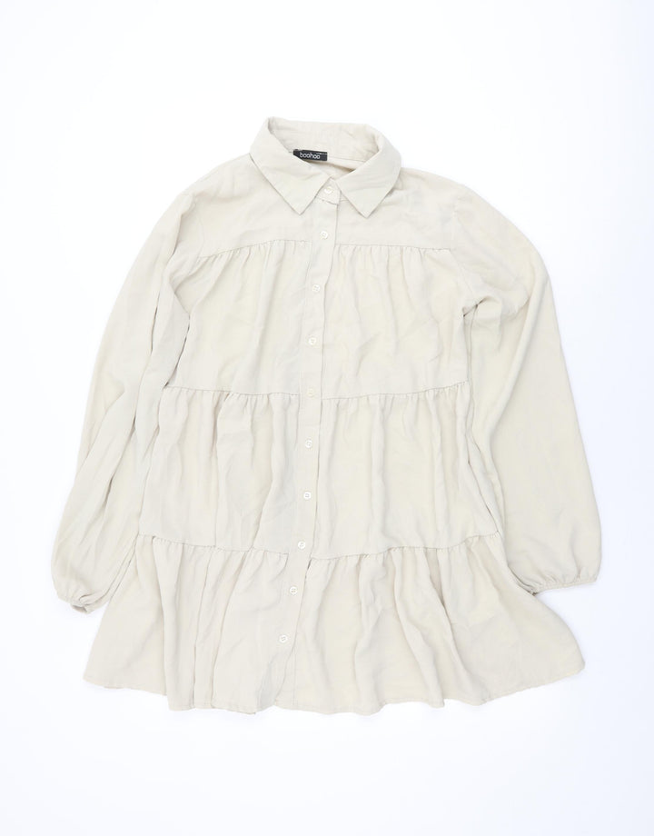 Boohoo Womens Beige Polyester Shift Size 14 Collared Button