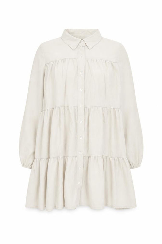 Front view of Boohoo women’s beige polyester shift, size UK 14, collared button