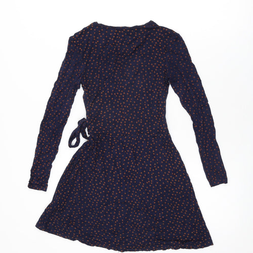 Miss Selfridge Womens Blue Polka Dot Viscose Wrap Dress Size 4 V-Neck Pullover