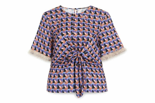 Front view of Zara women’s multicoloured geometric polyester basic t-shirt, size M, round neck