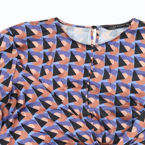Zara Womens Multicoloured Geometric Polyester Basic T-Shirt Size M Round Neck