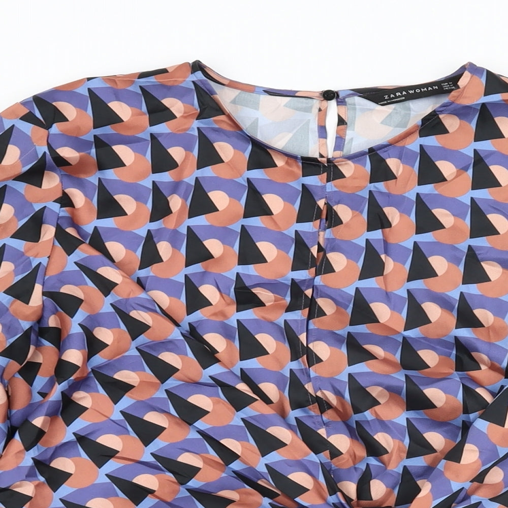 Zara Womens Multicoloured Geometric Polyester Basic T-Shirt Size M Round Neck