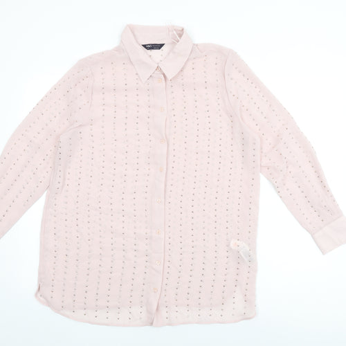 Marks and Spencer Womens Pink Geometric Polyester Basic Button-Up Size 14 Collared