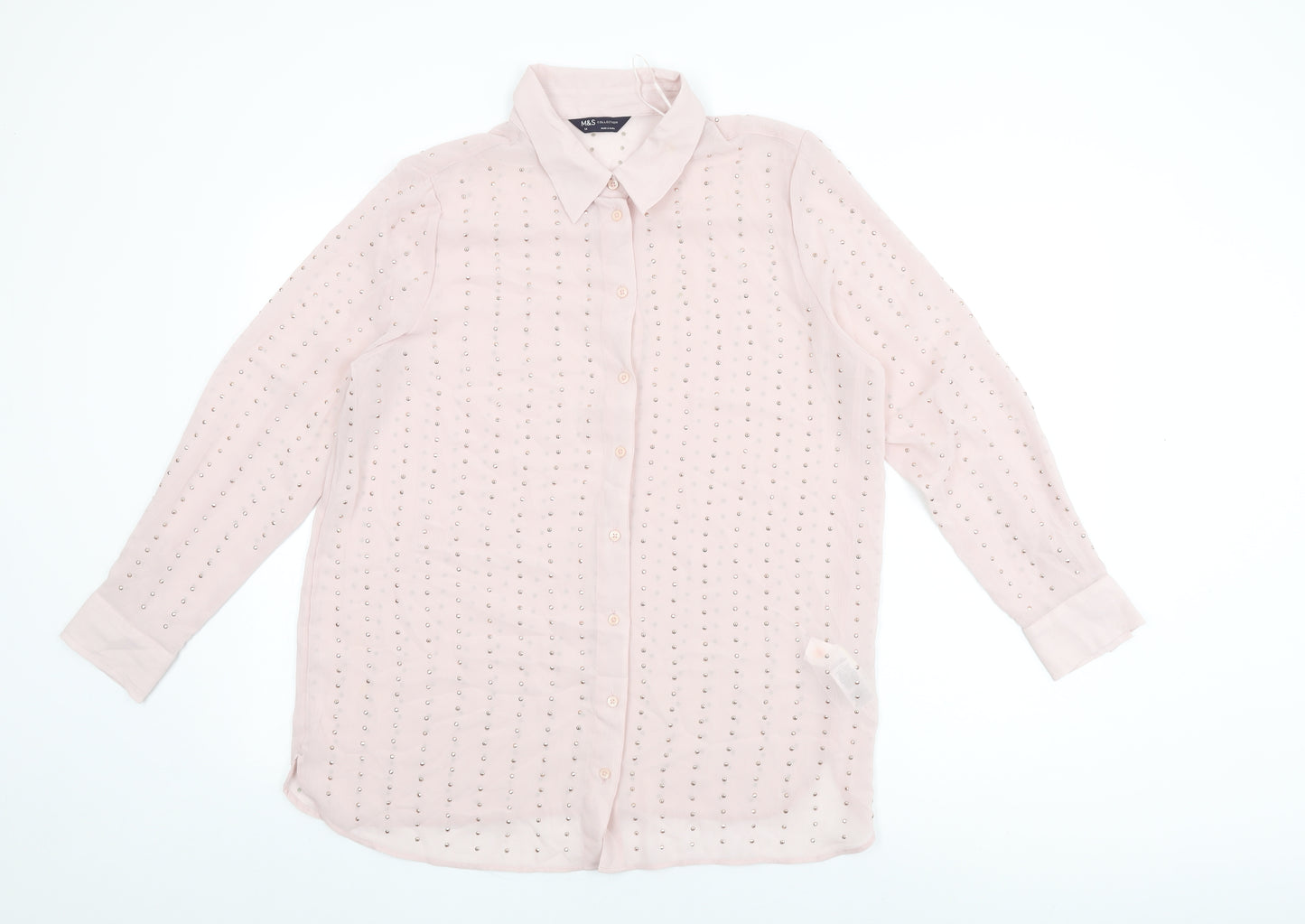 Marks and Spencer Womens Pink Geometric Polyester Basic Button-Up Size 14 Collared