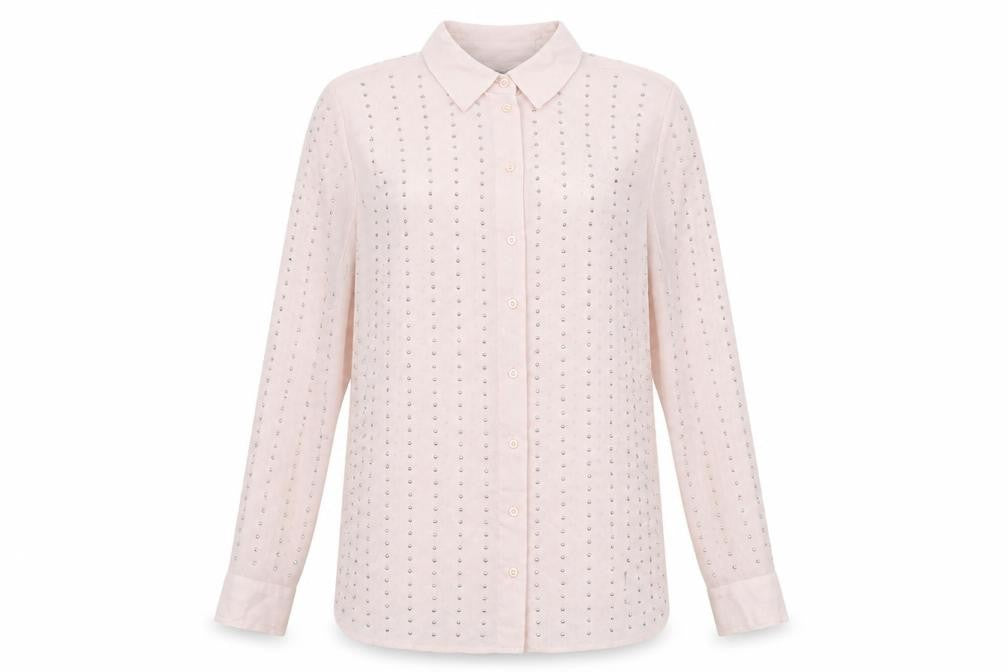 Front view of Marks & Spencer women’s pink geometric polyester basic button-up, size UK 14, collared
