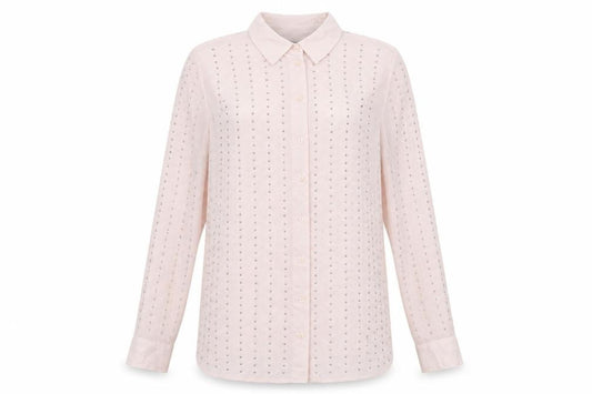 Front view of Marks & Spencer women’s pink geometric polyester basic button-up, size UK 14, collared