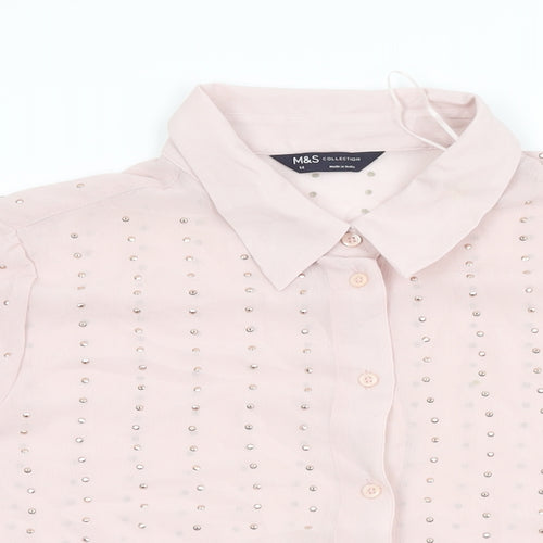 Marks and Spencer Womens Pink Geometric Polyester Basic Button-Up Size 14 Collared