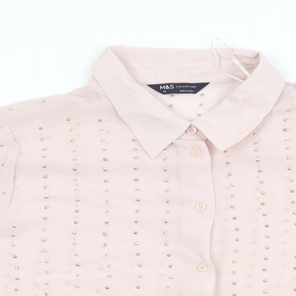 Marks and Spencer Womens Pink Geometric Polyester Basic Button-Up Size 14 Collared