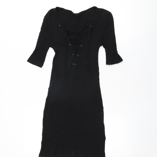 Topshop Womens Black Viscose Mini Size 8 V-Neck Tie