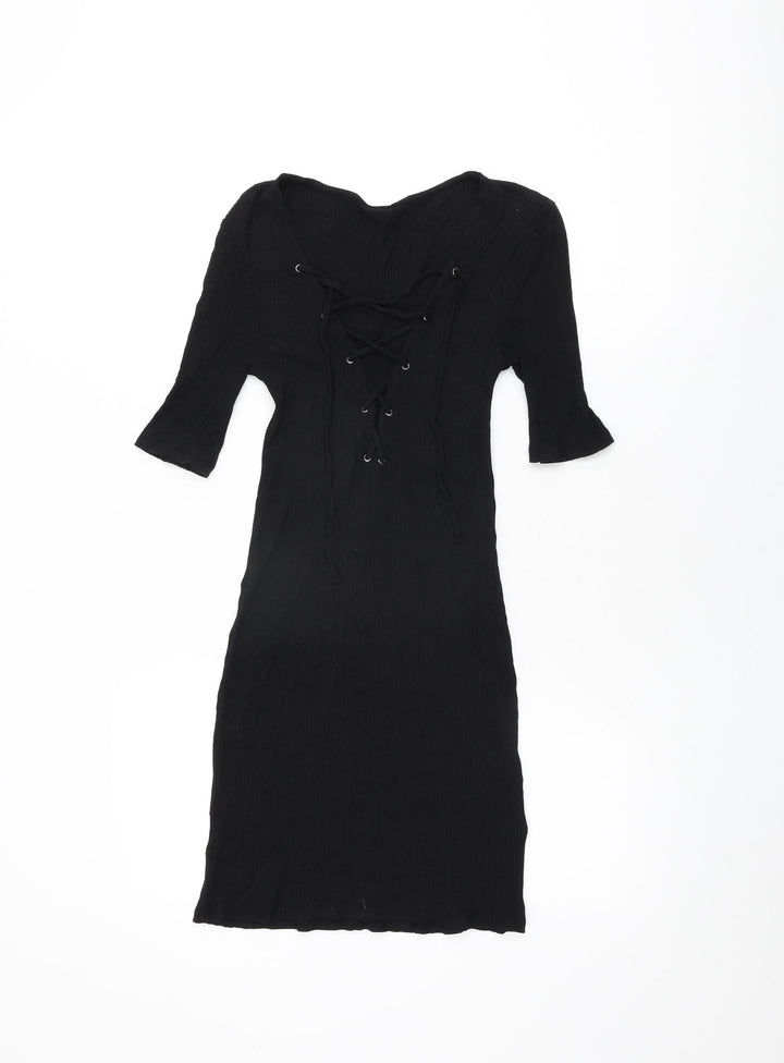 Topshop Womens Black Viscose Mini Size 8 V-Neck Tie