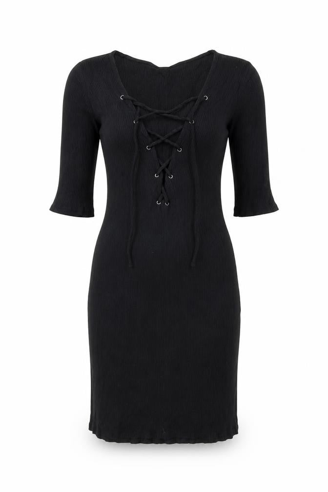 Front view of Topshop women’s black viscose mini, size UK 8, v-neck tie