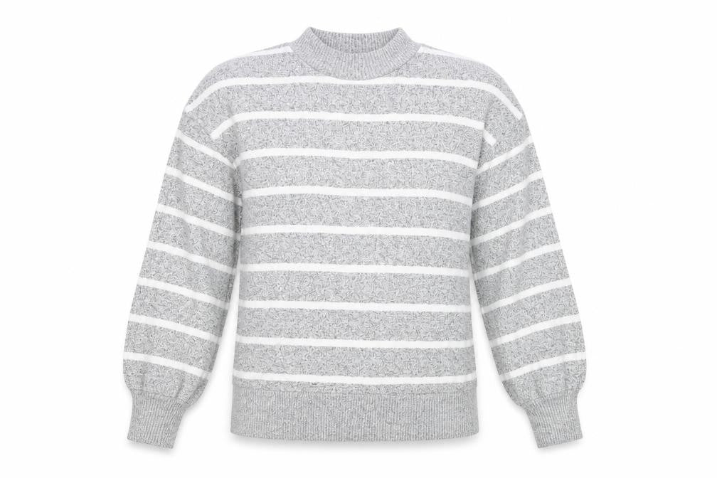 Front view of Marks & Spencer women’s grey striped viscose basic t-shirt, size UK 8, round neck