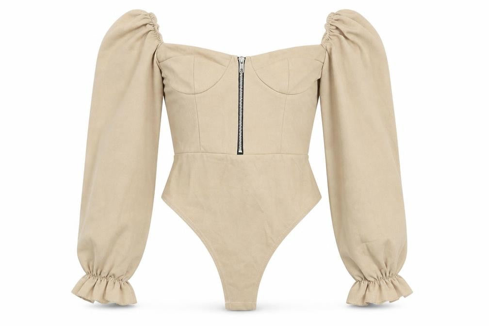 Front view of PRETTYLITTLETHING women’s beige polyester bodysuit one-piece, size UK 6, snap - balloon sleeves