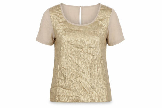 Front view of Monsoon women’s beige polyester basic t-shirt, size M, round neck - sequins
