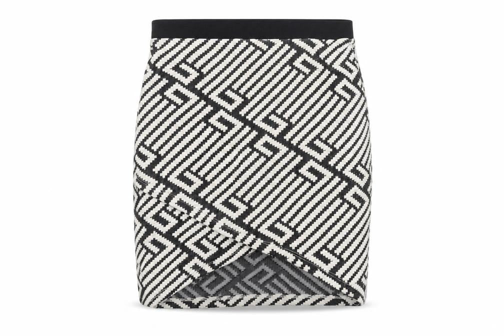 Front view of Stradivarius women’s white geometric polyester mini skirt, size M