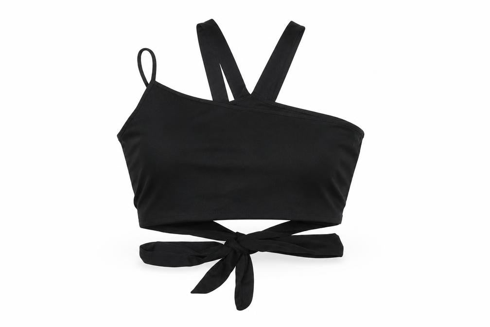 Front view of Monki women’s black polyester cropped t-shirt, size 2XL, v-neck