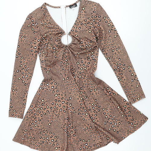 Zack Womens Brown Animal Print Polyester Skater Dress Size 10 V-Neck Zip