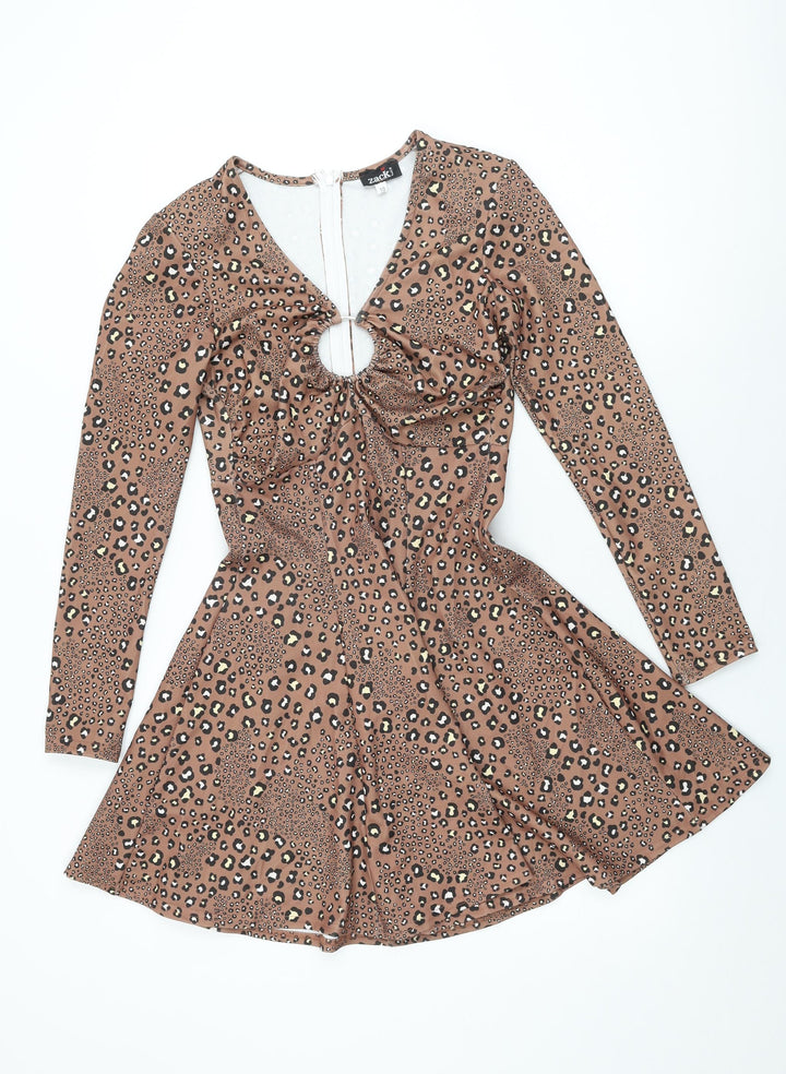 Zack Womens Brown Animal Print Polyester Skater Dress Size 10 V-Neck Zip