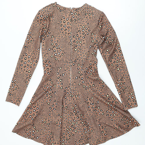 Zack Womens Brown Animal Print Polyester Skater Dress Size 10 V-Neck Zip