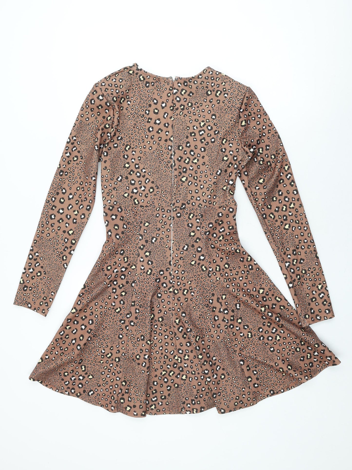 Zack Womens Brown Animal Print Polyester Skater Dress Size 10 V-Neck Zip