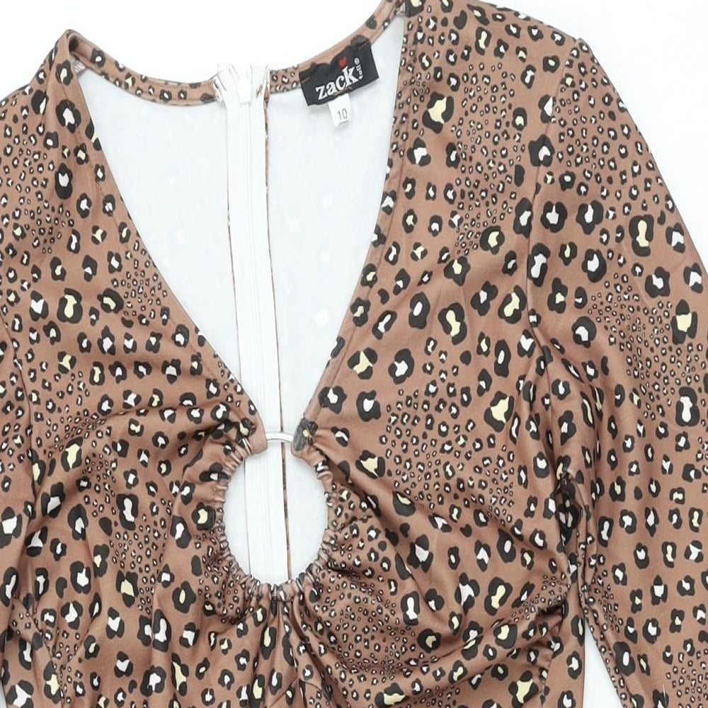 Zack Womens Brown Animal Print Polyester Skater Dress Size 10 V-Neck Zip