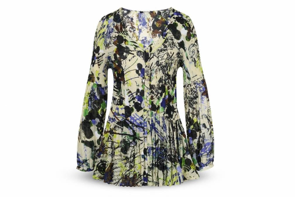 Front view of Garella women’s multicoloured geometric polyester basic button-up, size UK 4, v-neck
