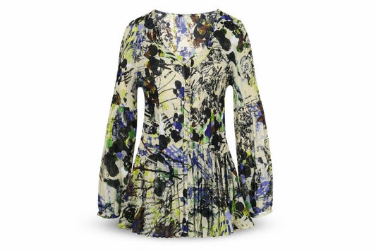Front view of Garella women’s multicoloured geometric polyester basic button-up, size UK 4, v-neck