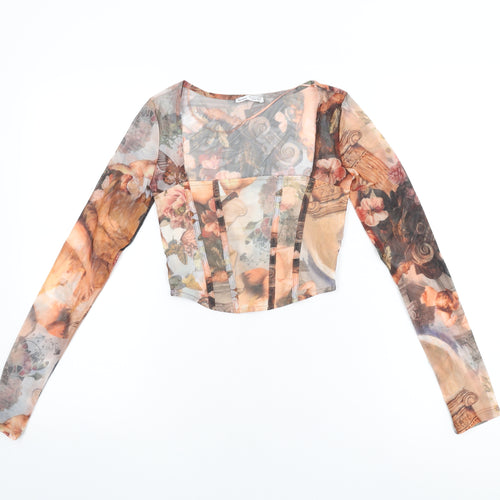 Bershka Womens Multicoloured Geometric Polyester Cropped T-Shirt Size XS Square Neck - Renaissance Print
