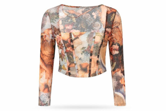 Front view of Bershka women’s multicoloured geometric polyester cropped t-shirt, size XS, square neck - renaissance print