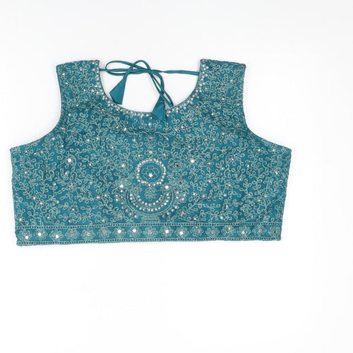 Shivali Womens Blue Floral Polyester Cropped T-Shirt Size 2XL Round Neck