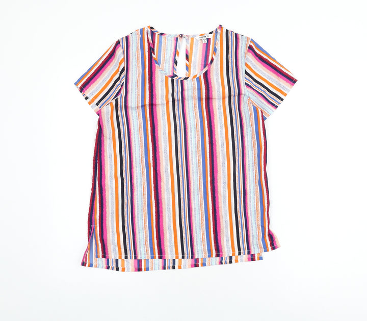 Pep & Co Womens Multicoloured Striped Polyester Basic T-Shirt Size 8 Round Neck