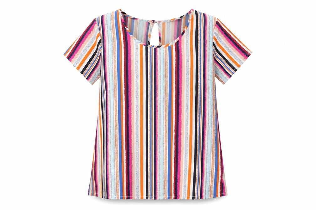 Front view of Pep&Co women’s multicoloured striped polyester basic t-shirt, size UK 8, round neck