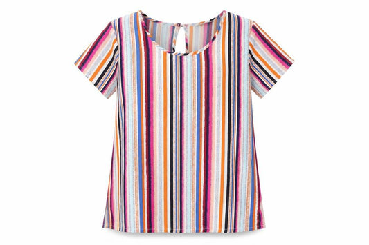 Front view of Pep&Co women’s multicoloured striped polyester basic t-shirt, size UK 8, round neck