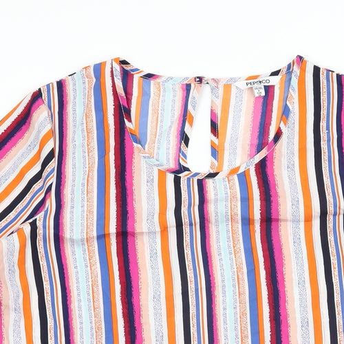 Pep & Co Womens Multicoloured Striped Polyester Basic T-Shirt Size 8 Round Neck