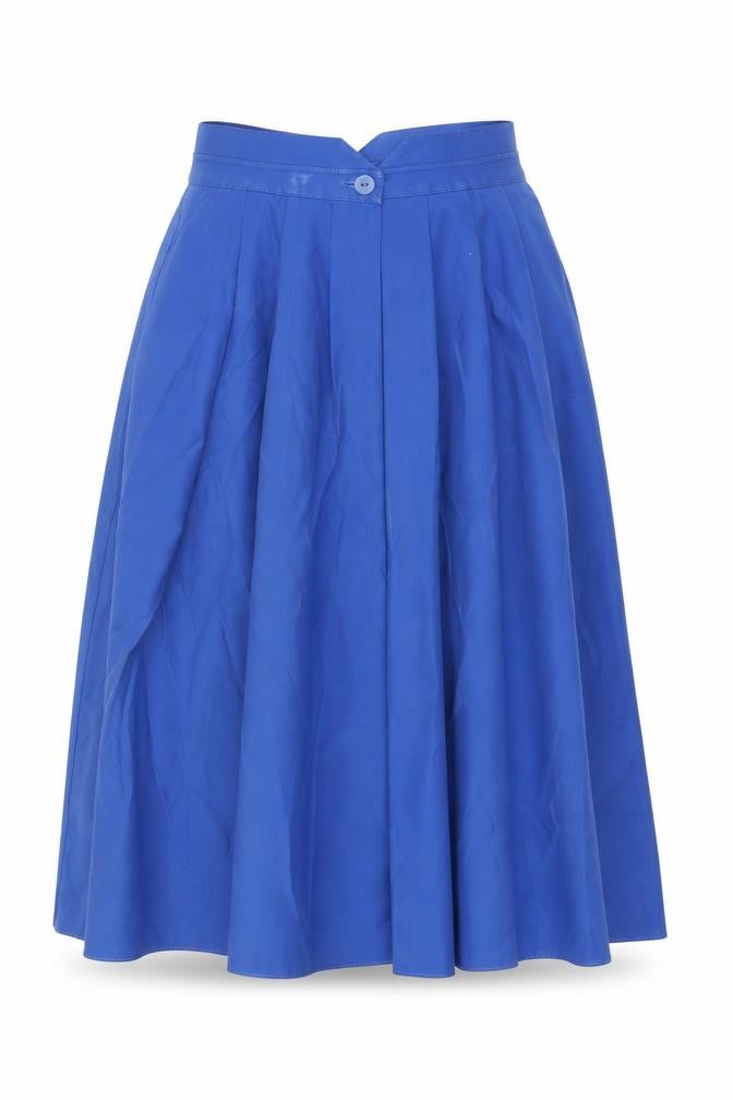 Front view of St Michael women’s blue polyester swing skirt, size UK 8, button