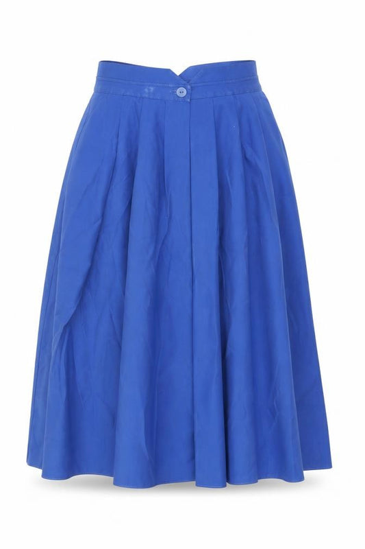Front view of St Michael women’s blue polyester swing skirt, size UK 8, button