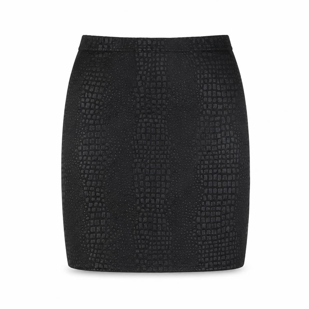 Front view of PRETTYLITTLETHING women’s black geometric polyester mini skirt, size UK 6