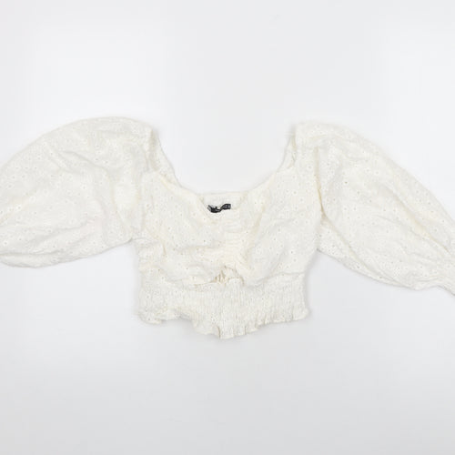 Zara Womens White Floral Cotton Cropped Blouse Size XS Sweetheart