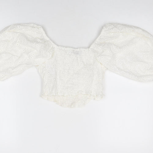 Zara Womens White Floral Cotton Cropped Blouse Size XS Sweetheart