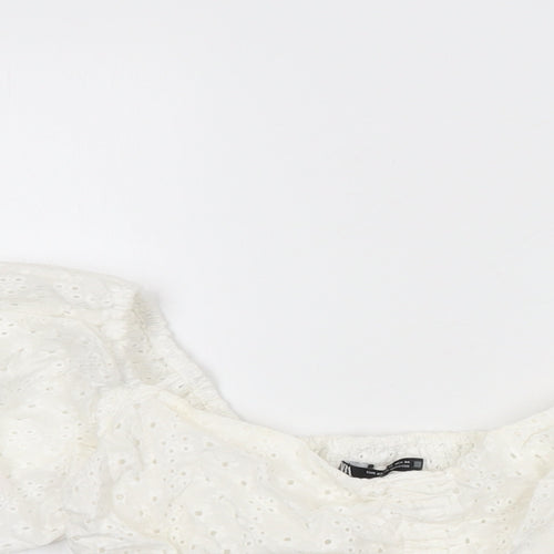 Zara Womens White Floral Cotton Cropped Blouse Size XS Sweetheart