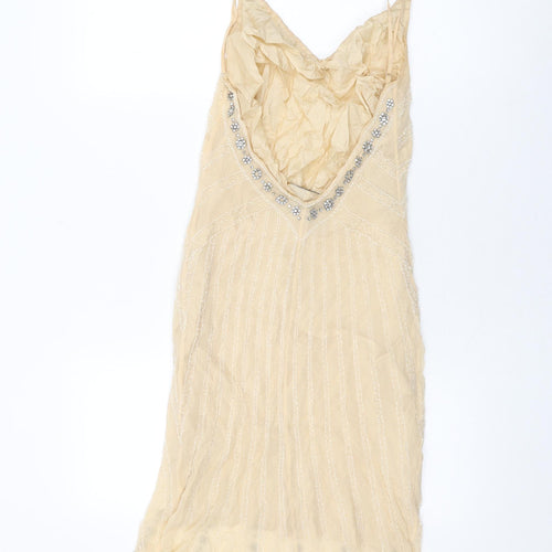Warehouse Womens Beige Geometric Silk Shift Size 10 V-Neck Zip