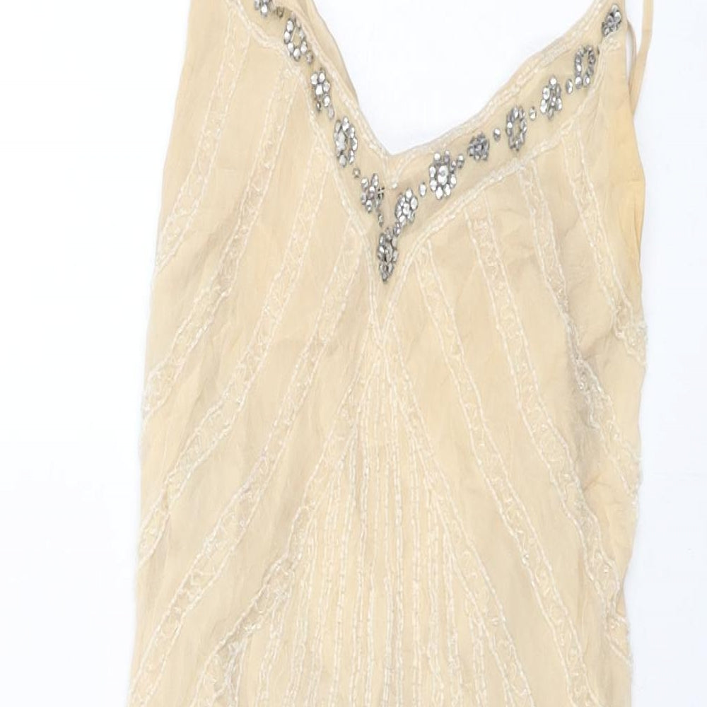 Warehouse Womens Beige Geometric Silk Shift Size 10 V-Neck Zip