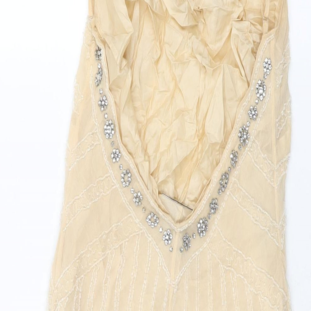 Warehouse Womens Beige Geometric Silk Shift Size 10 V-Neck Zip