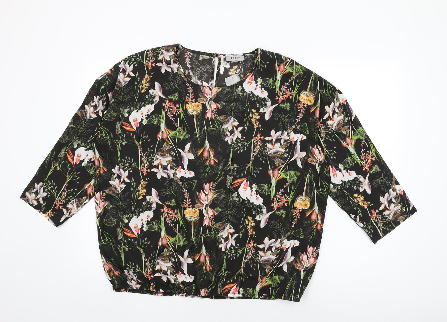Soon Womens Black Floral Polyester Basic Blouse Size 16 Round Neck