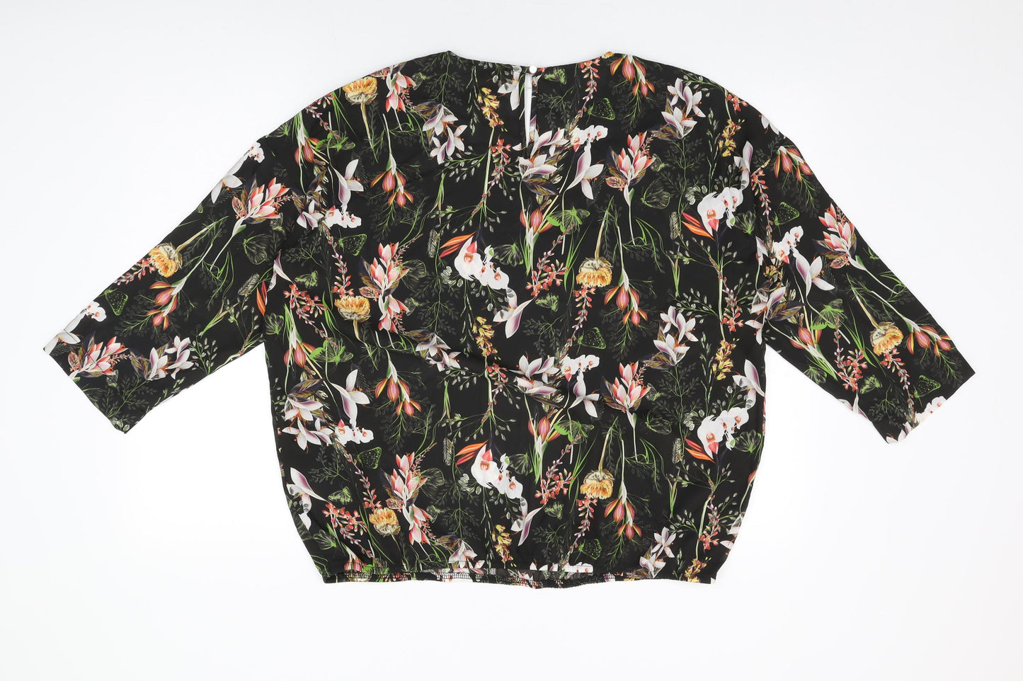 Soon Womens Black Floral Polyester Basic Blouse Size 16 Round Neck